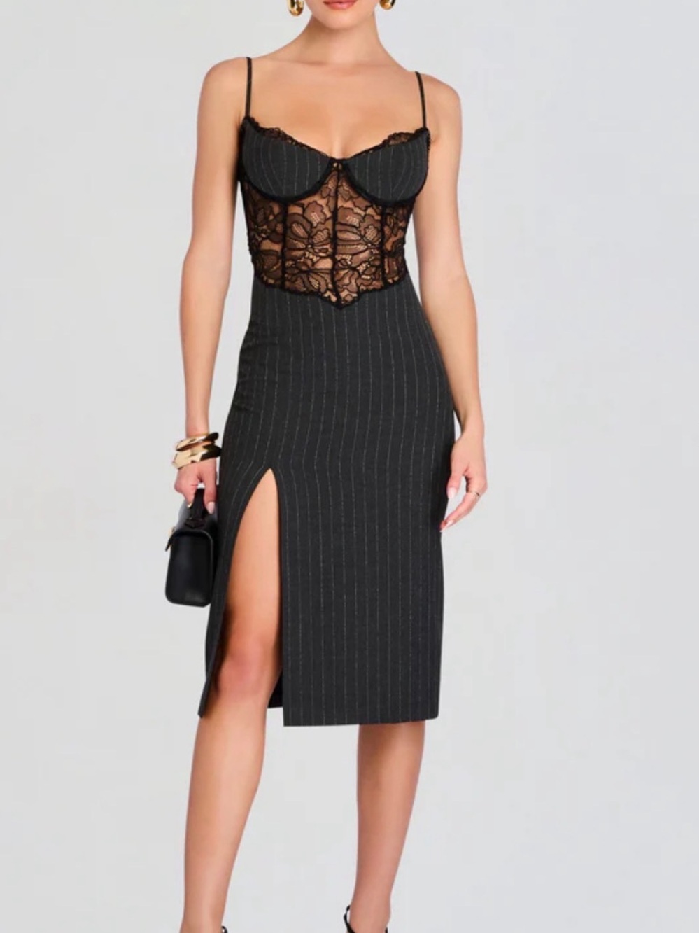 Retrofete Black Pinstripe Lace-Panel Midi Dress